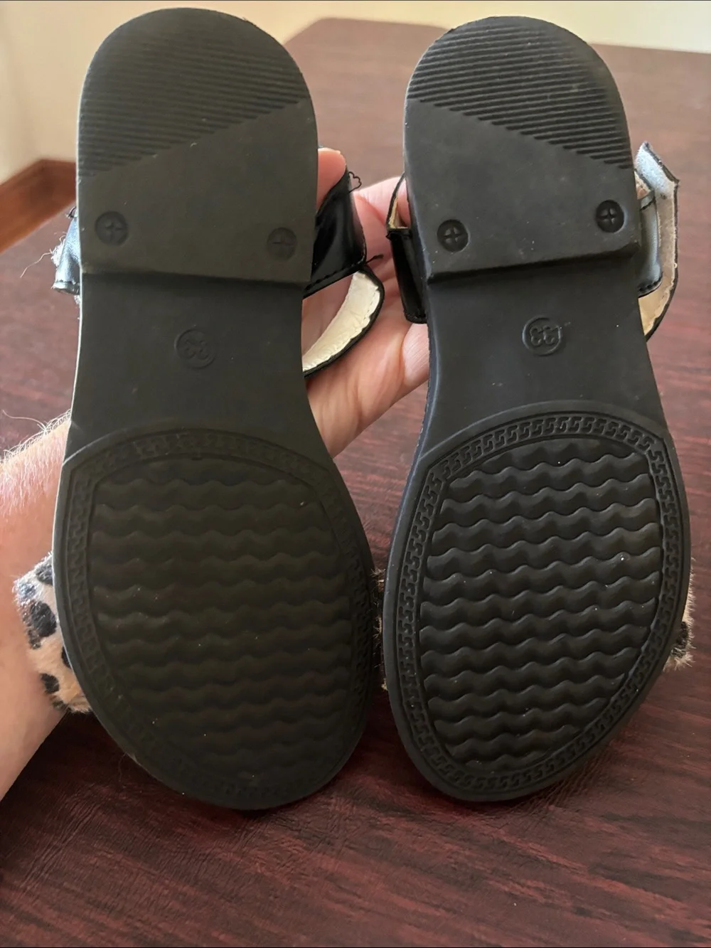 Abeila Girls' Black Sandals with Leopard Print Front Strap